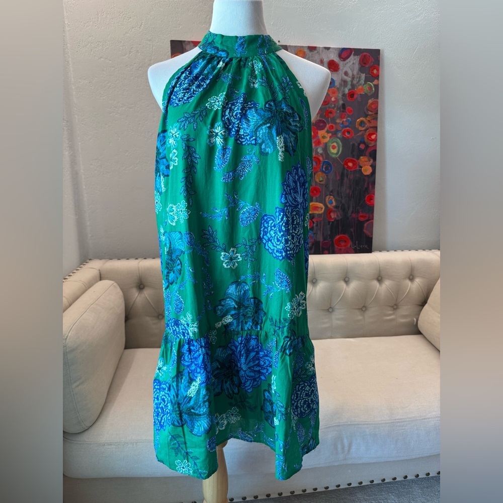NWT Olivaceous Green Blue Casual Beach Tropical Dress L
